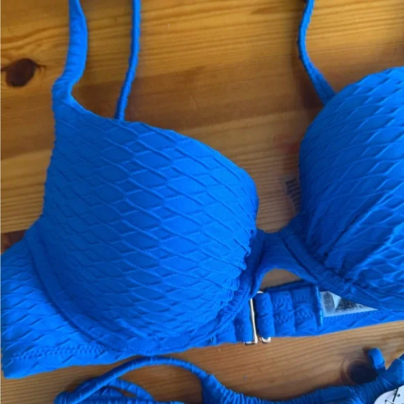 Victorias Secret Swimsuit 32C Icon Push Up Top Bikini Set Small Thong Blue NWT - Picture 2 of 6